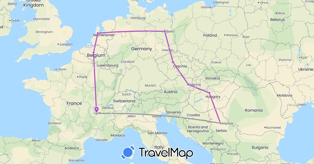 TravelMap itinerary: driving, plane, train in Austria, Belgium, Czech Republic, Germany, France, Hungary, Netherlands, Serbia (Europe)